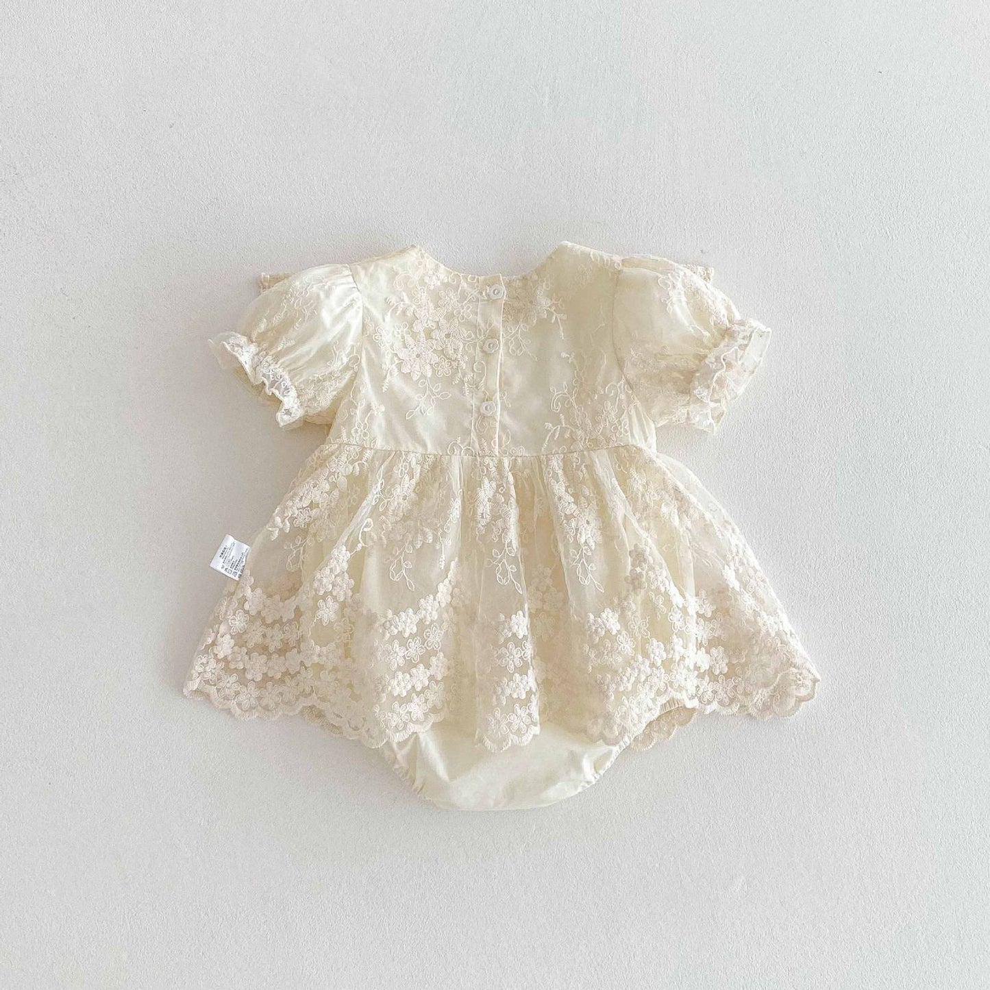 Vintage short sleeve Romper dress with lace collar beige color