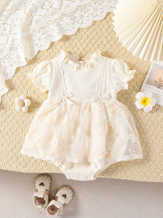 Short sleeve romper dress with 2 bows at waist beige color