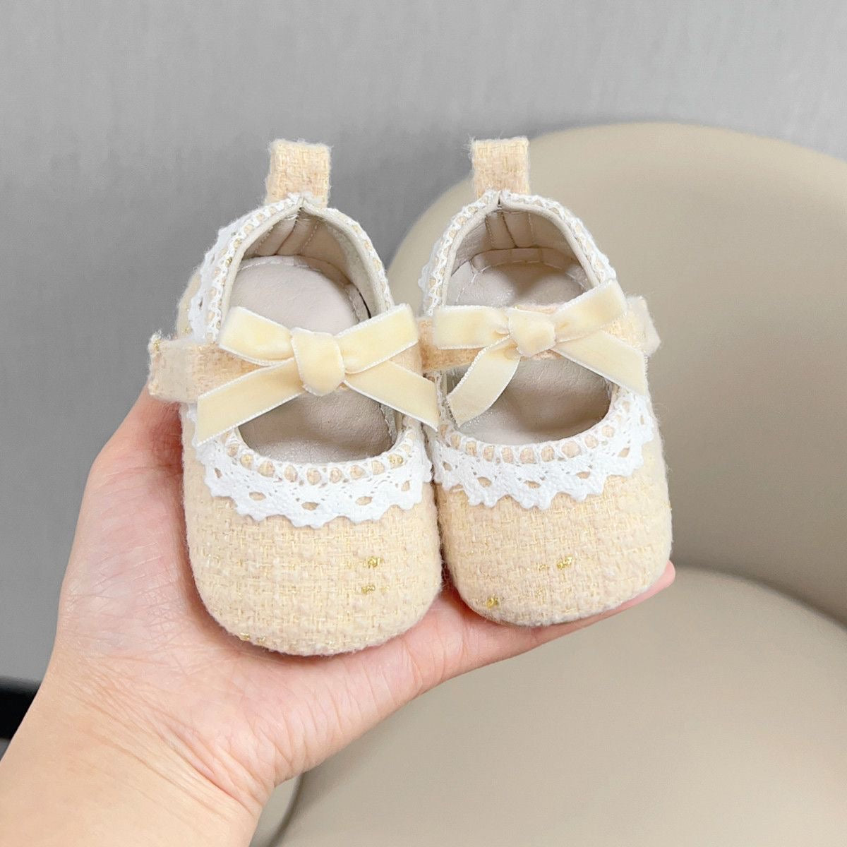 Beige baby pre-walker shoes rubber sole