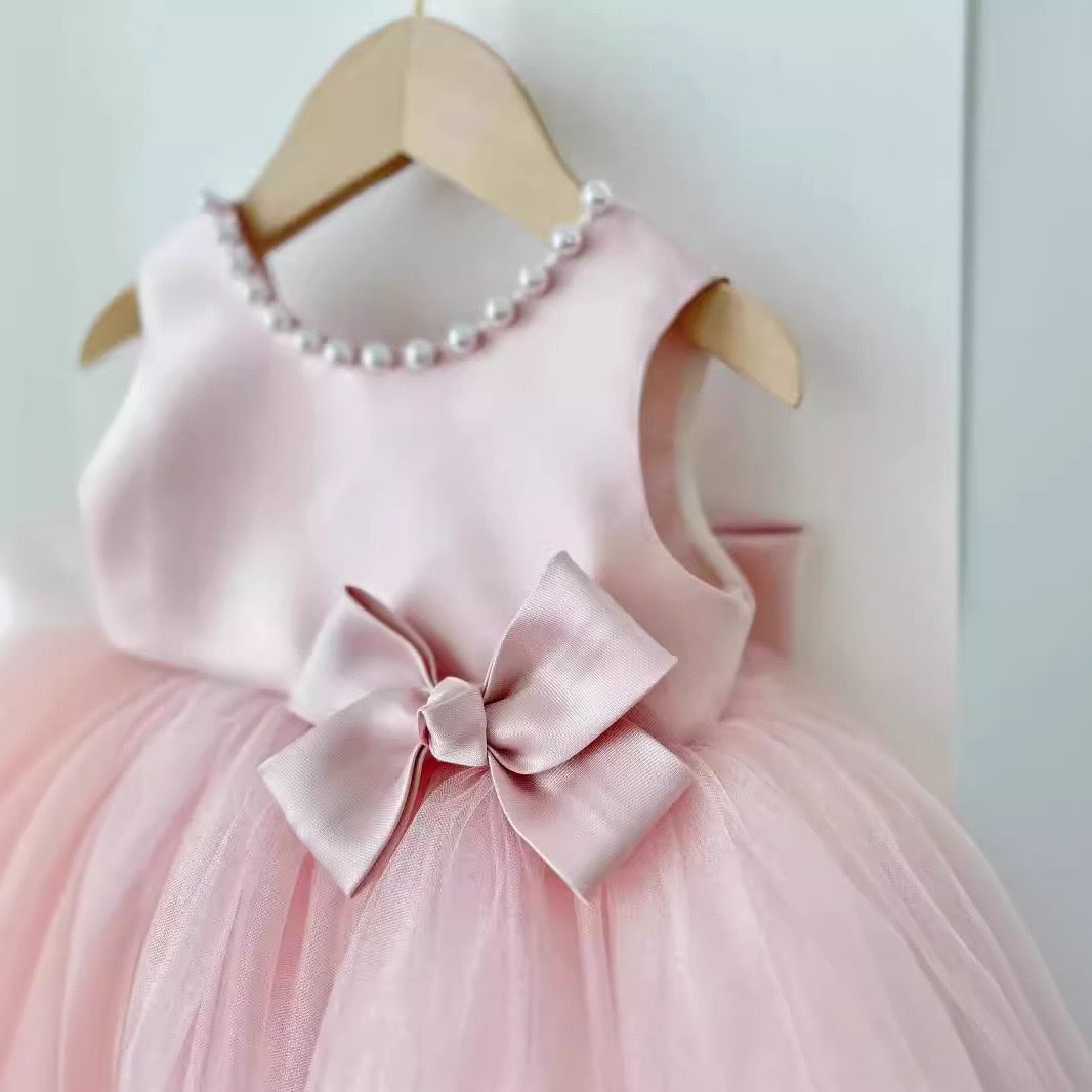 Puffy tulle dress pearls design charming ball gown for girls with removable big bow at back