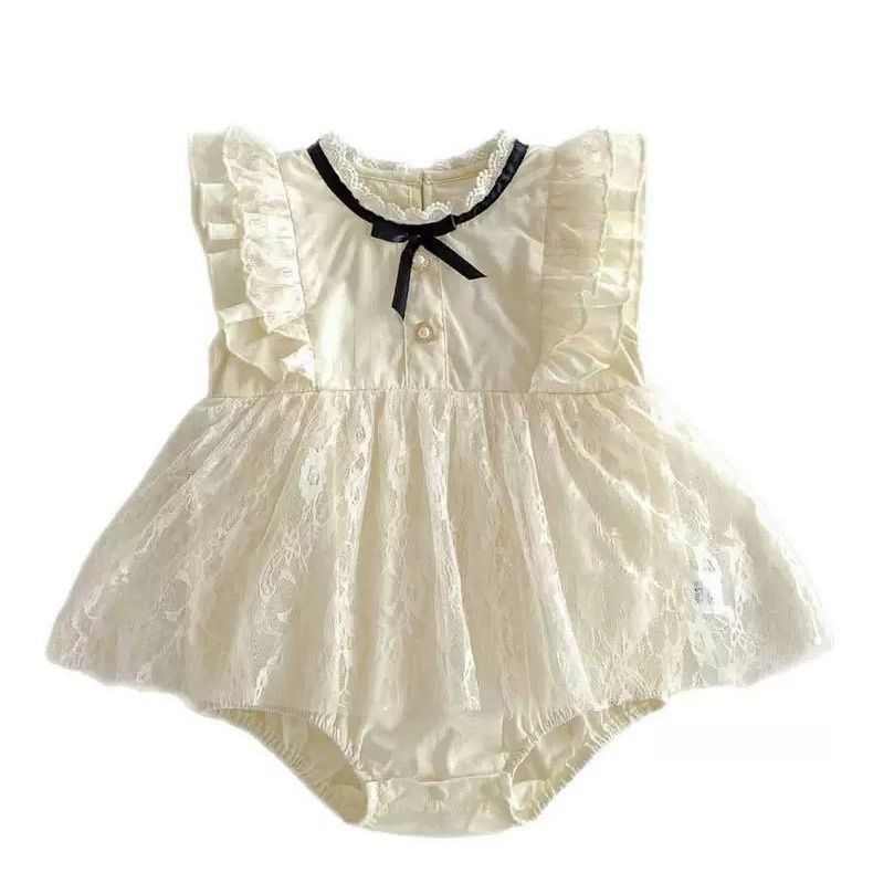 Beige baby sleeveless romper dress with black ribbon bow