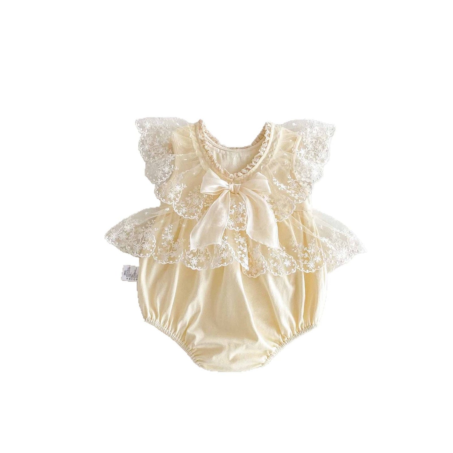 Beige baby romper dress with lace collar and bow knot