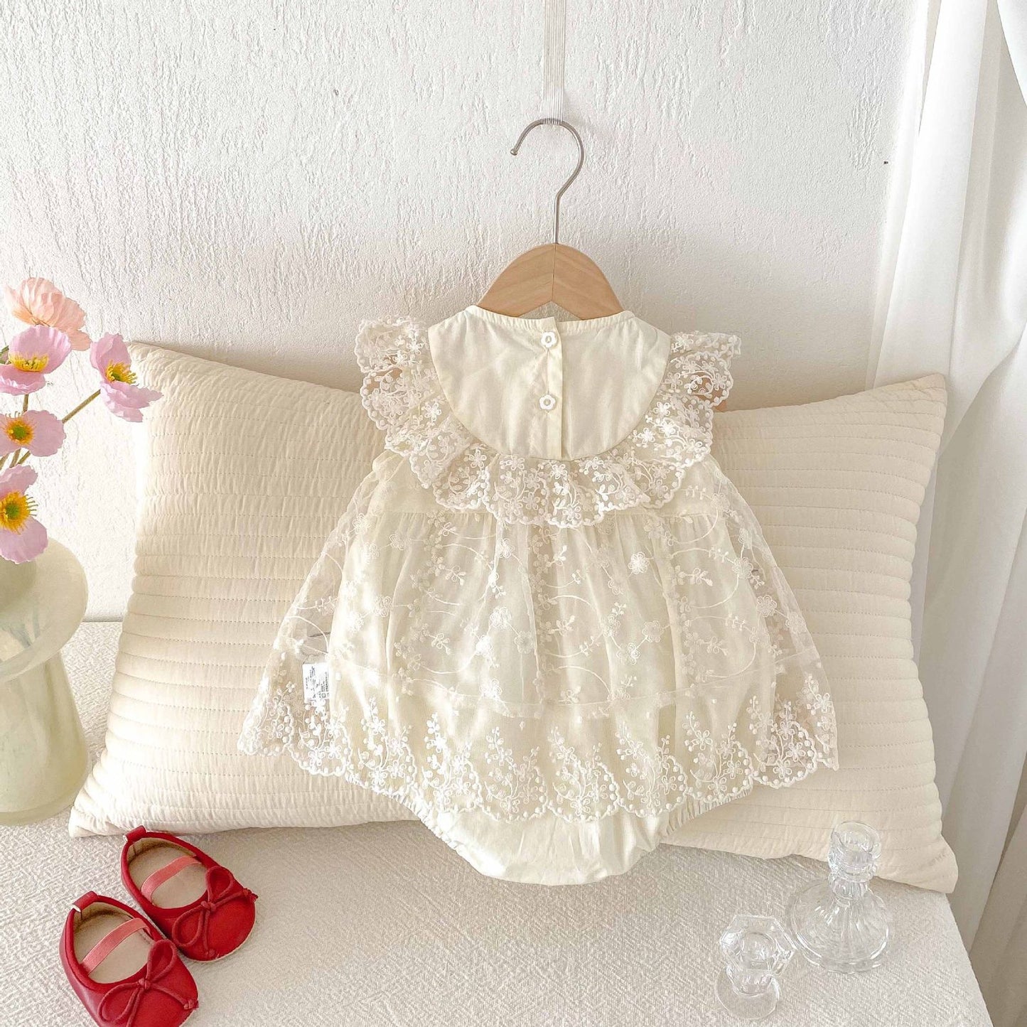 Beige baby embroidered lace romper dress with red bow knot