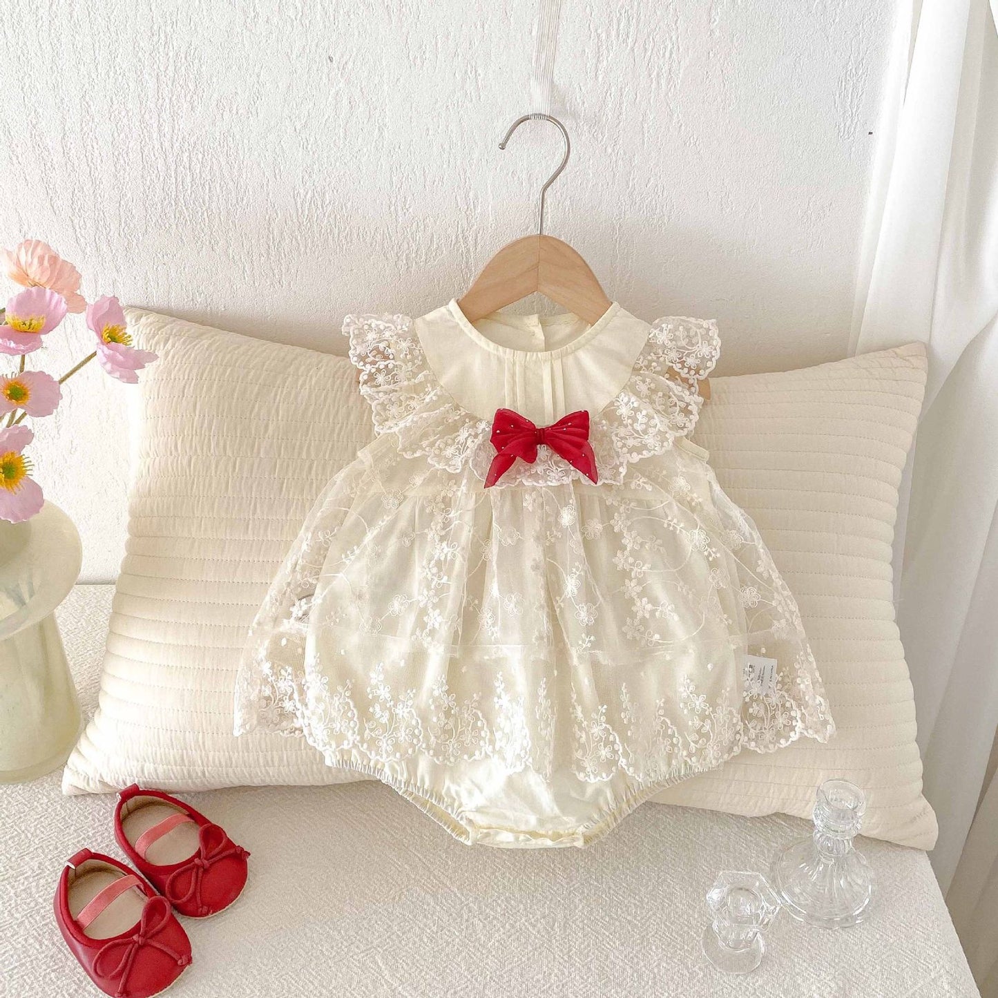 Beige baby embroidered lace romper dress with red bow knot