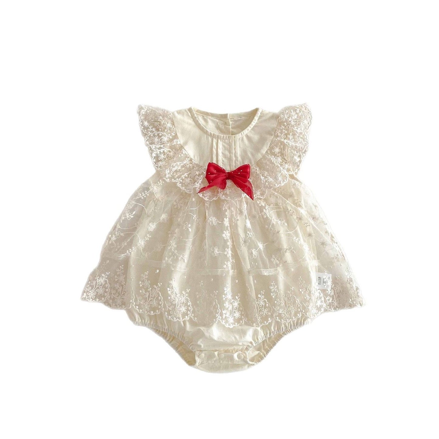 Beige baby embroidered lace romper dress with red bow knot