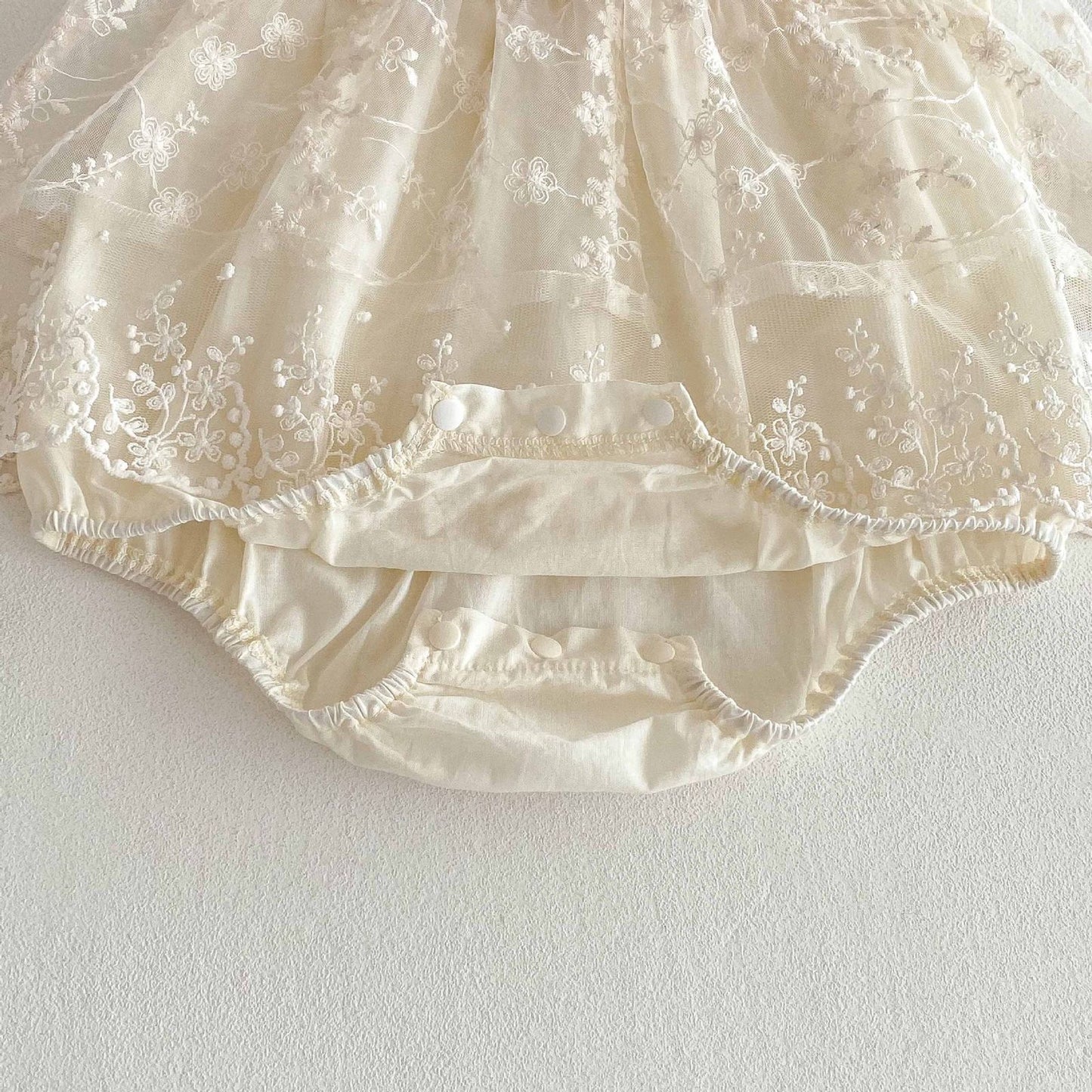 Beige baby embroidered lace romper dress with red bow knot