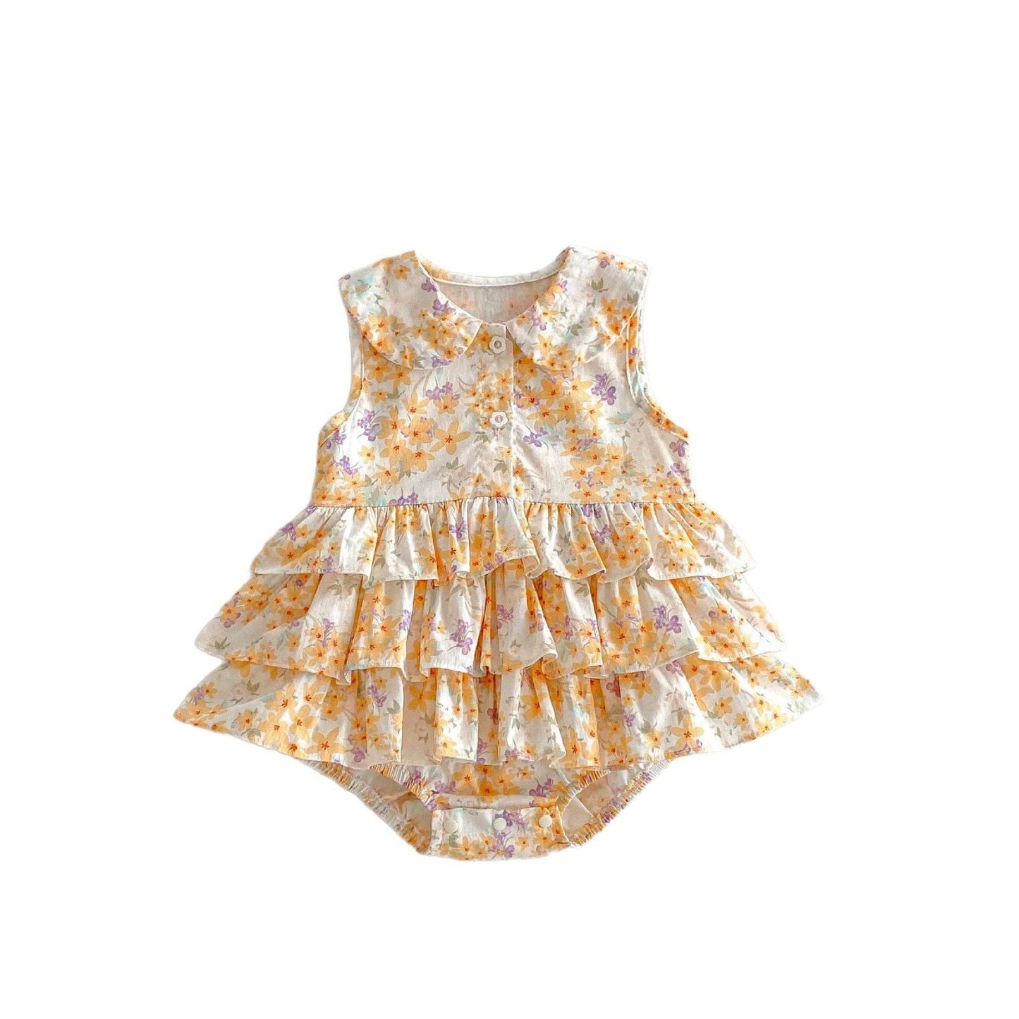 Baby collared floral romper dress with layered ruffles