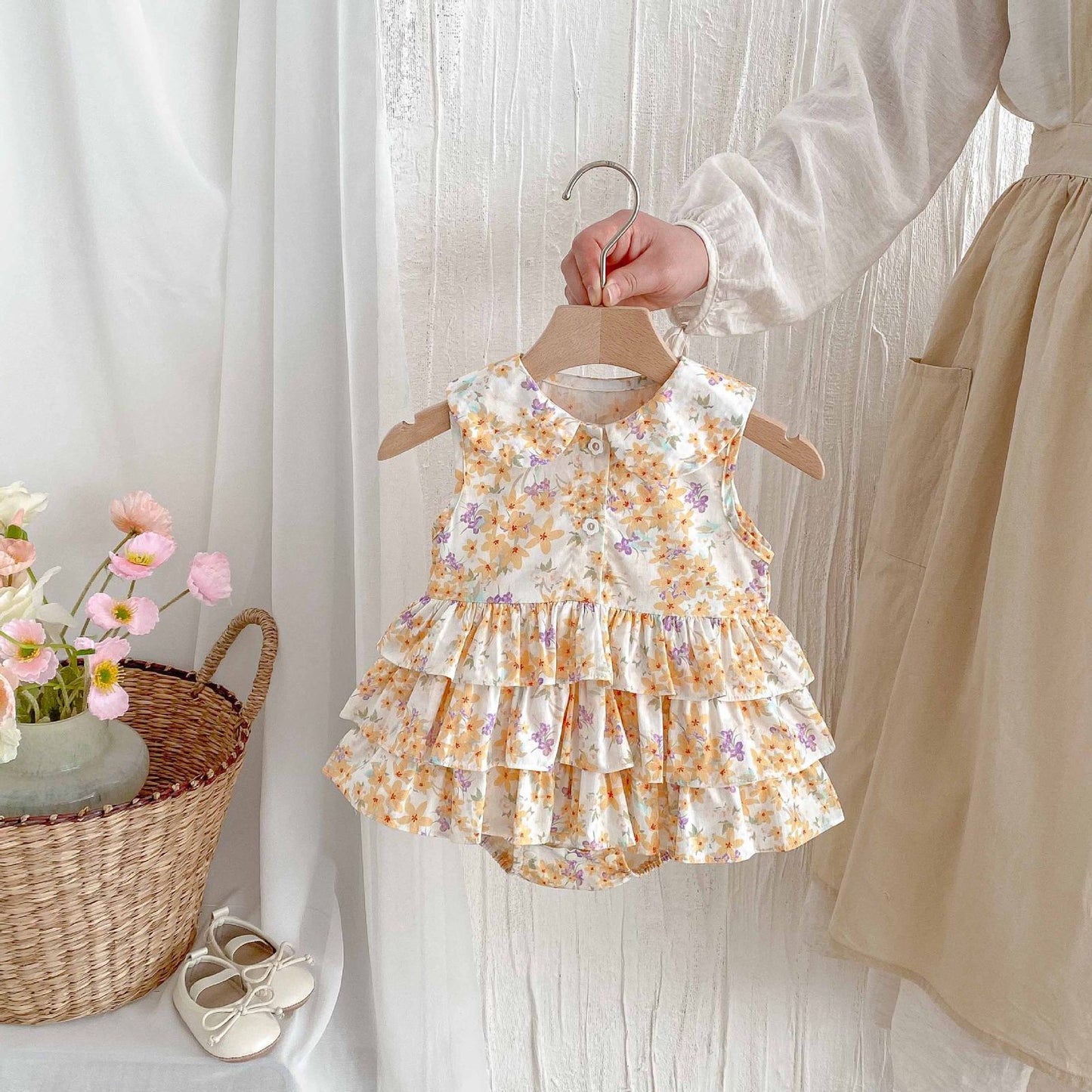 Baby collared floral romper dress with layered ruffles