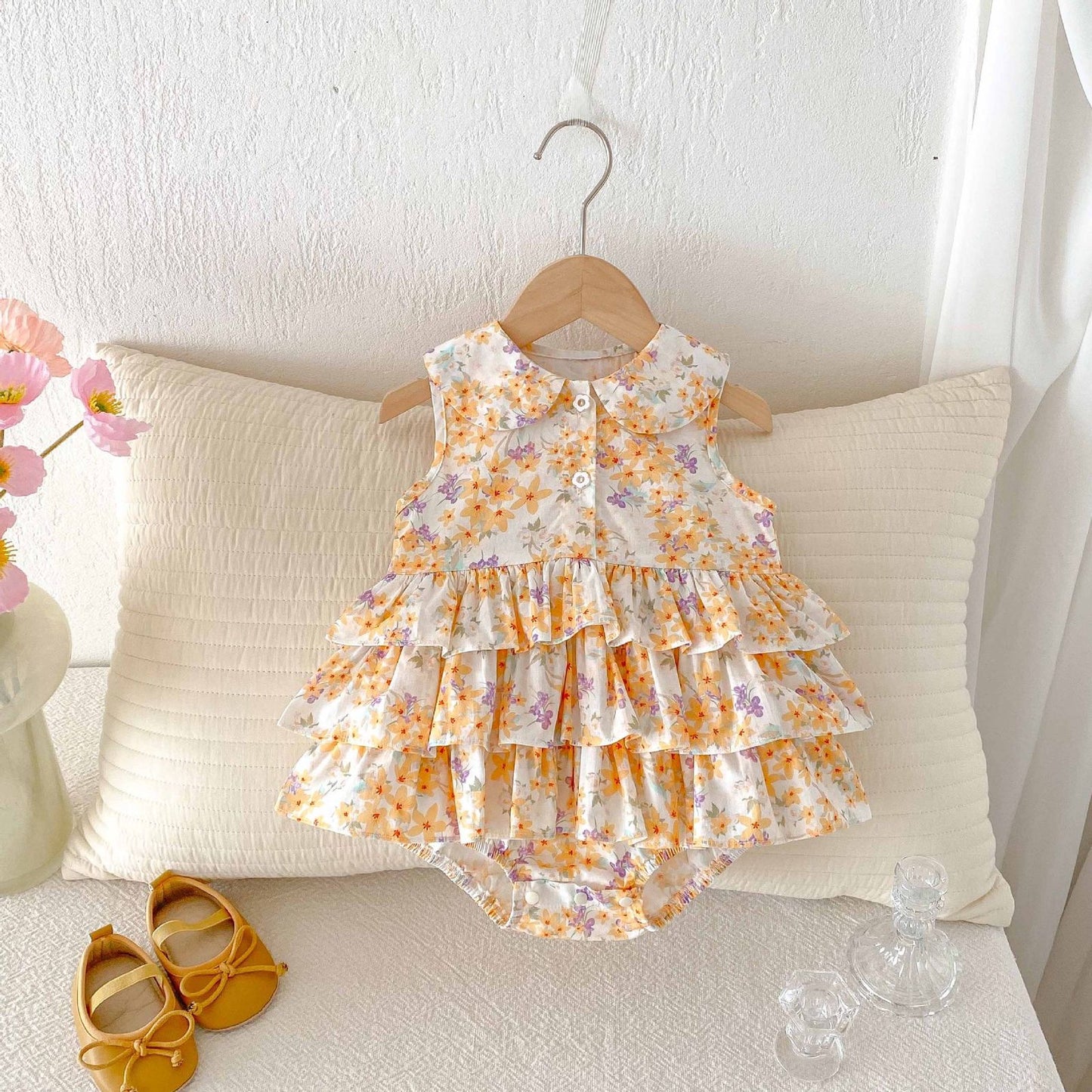 Baby collared floral romper dress with layered ruffles