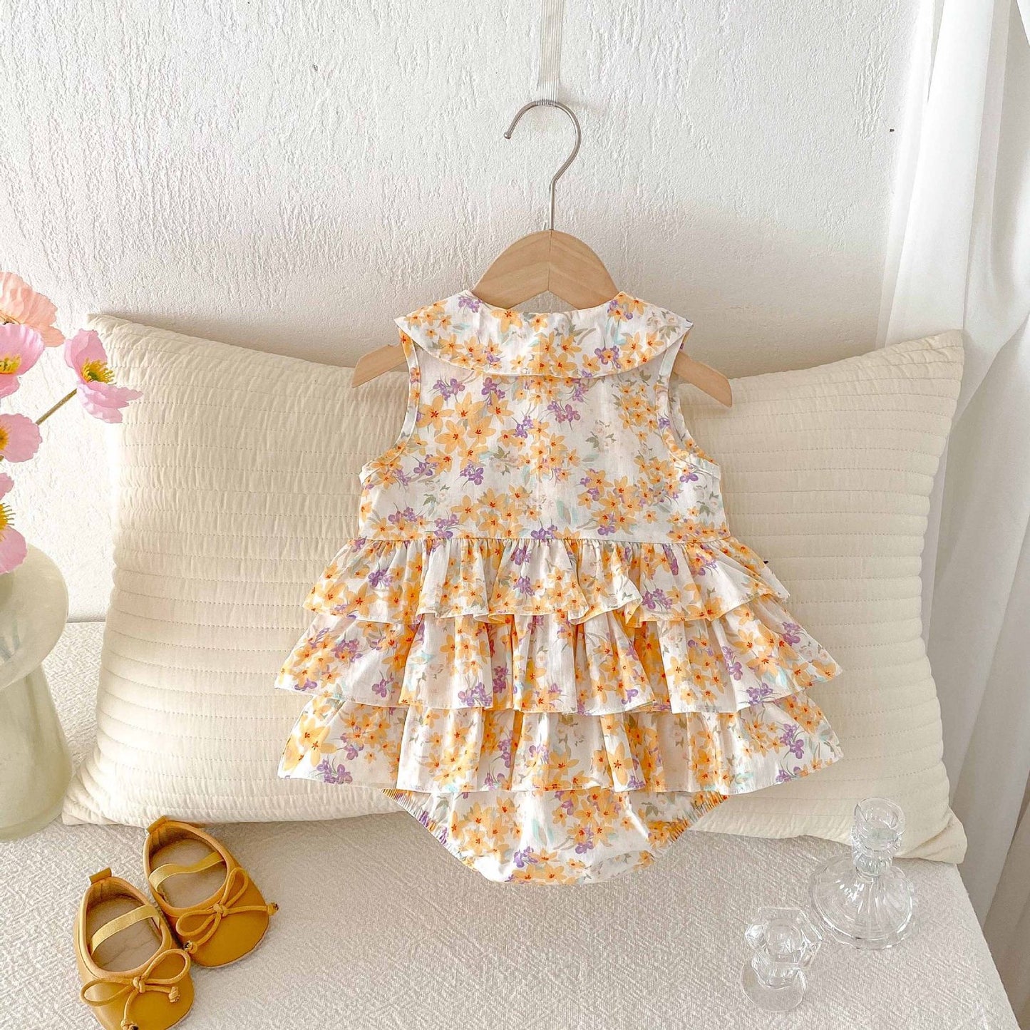 Baby collared floral romper dress with layered ruffles
