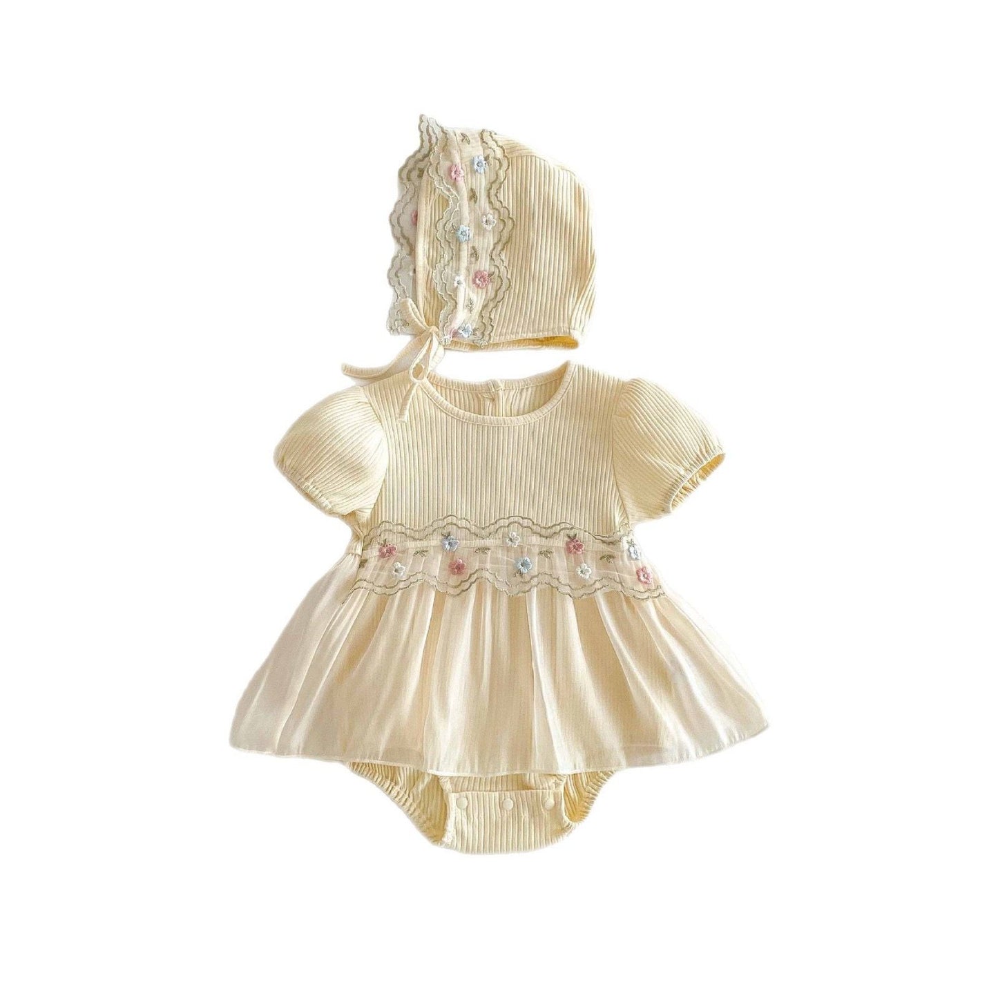 2pcs set Beige baby romper dress with embroidered flowers + hat