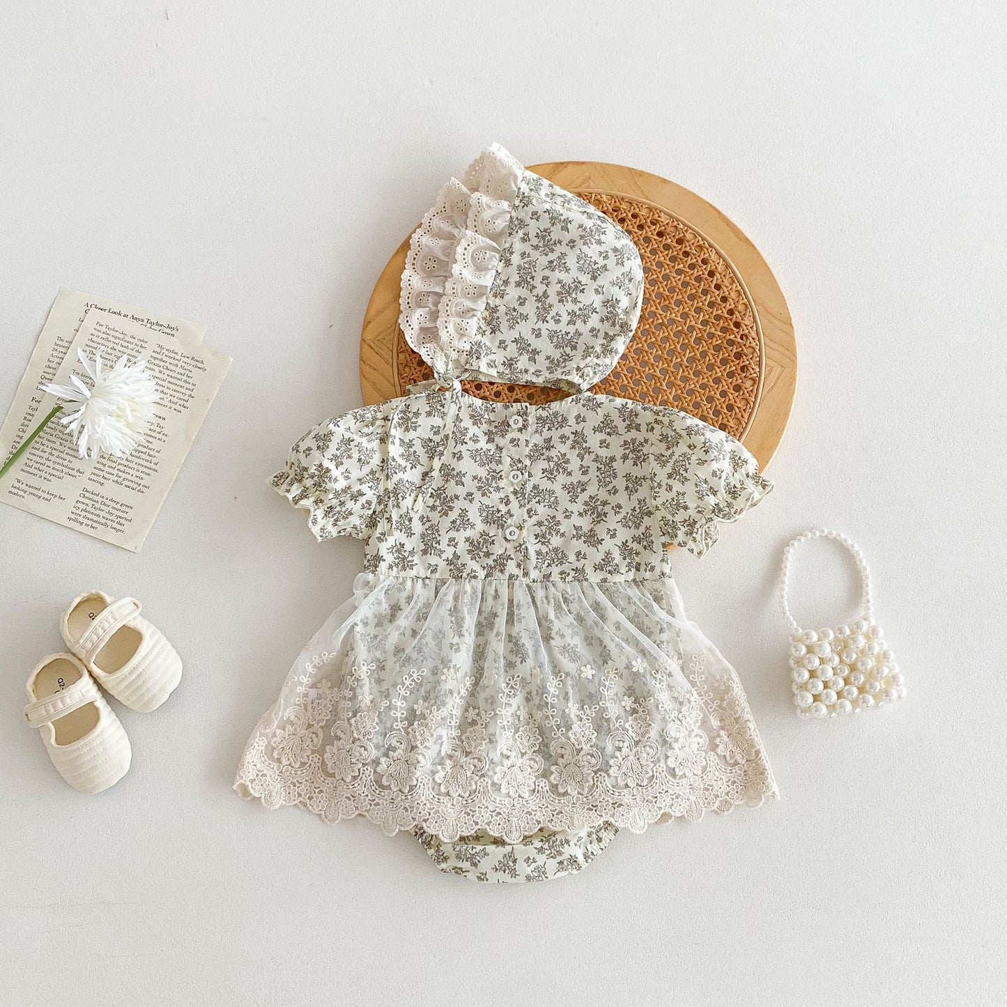 2pcs set vintage baby floral romper dress with lace skirt + hat