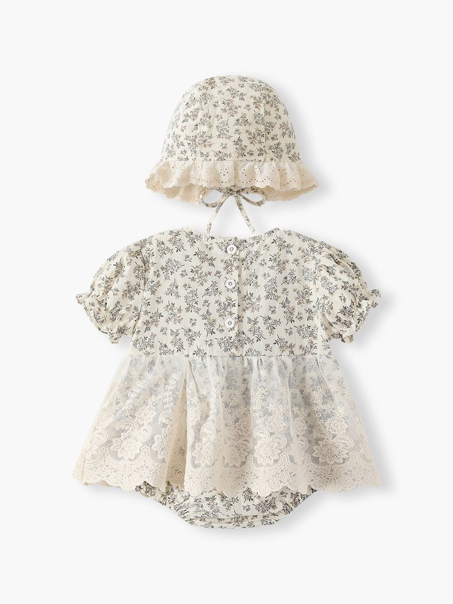 2pcs set vintage baby floral romper dress with lace skirt + hat
