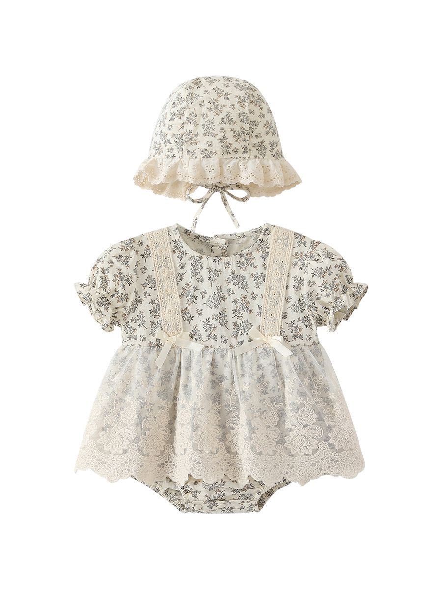 2pcs set vintage baby floral romper dress with lace skirt + hat