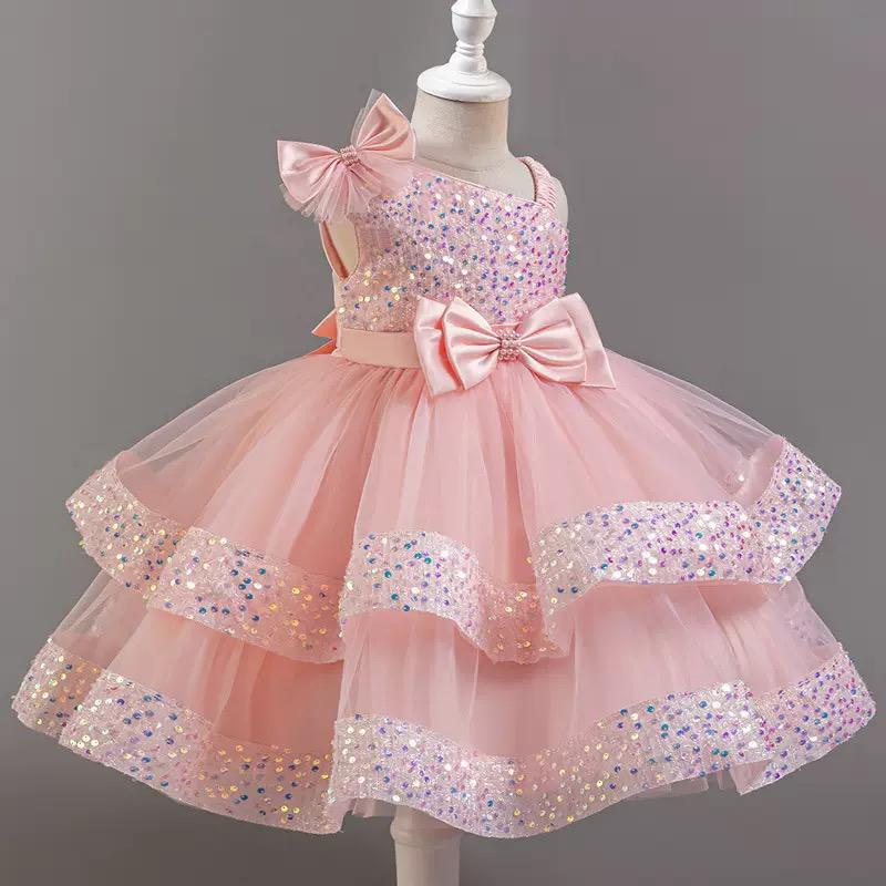 Pink princess dress with 2 bows at waist and on shoulder, with sequins