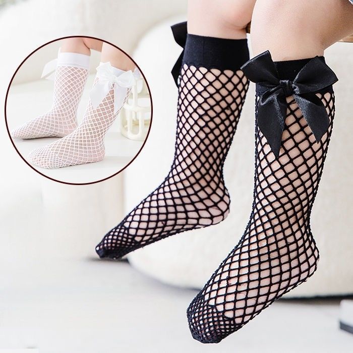 Girls Bow Decor Fishnet Socks black and white