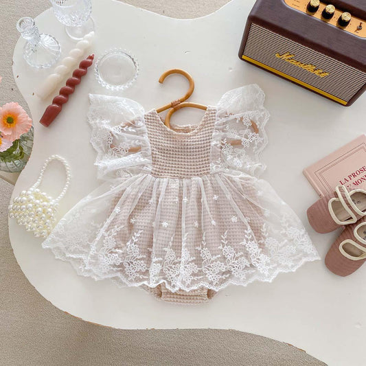 Baby Girl waffle Romper Dress with lace flying sleeves Beige