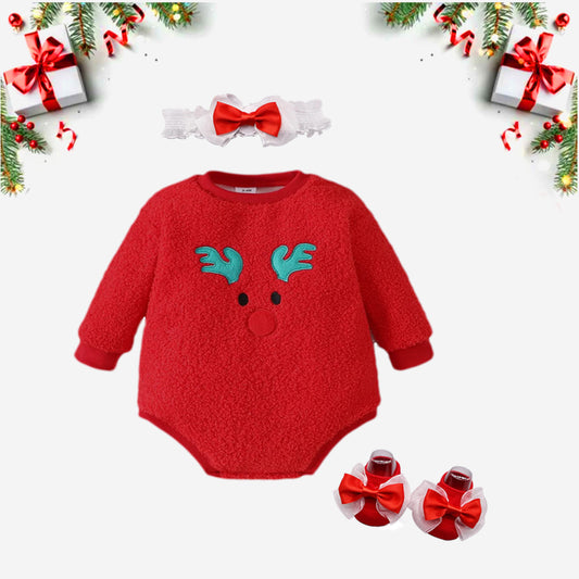 3 pcs set Christmas long sleeve baby plush  romper+ headband + socks red color