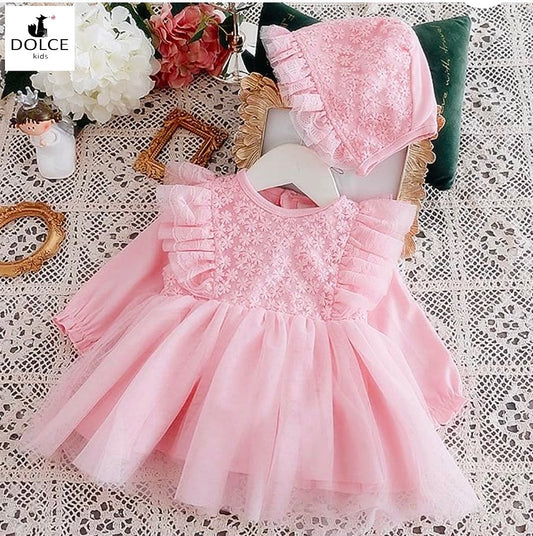 Baby long sleeve dress with hat embroidered dandelions pink
