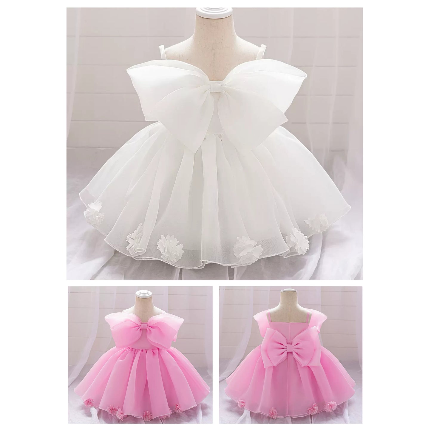 Elegant suspended dress with flowers and 2 big bows 2 color