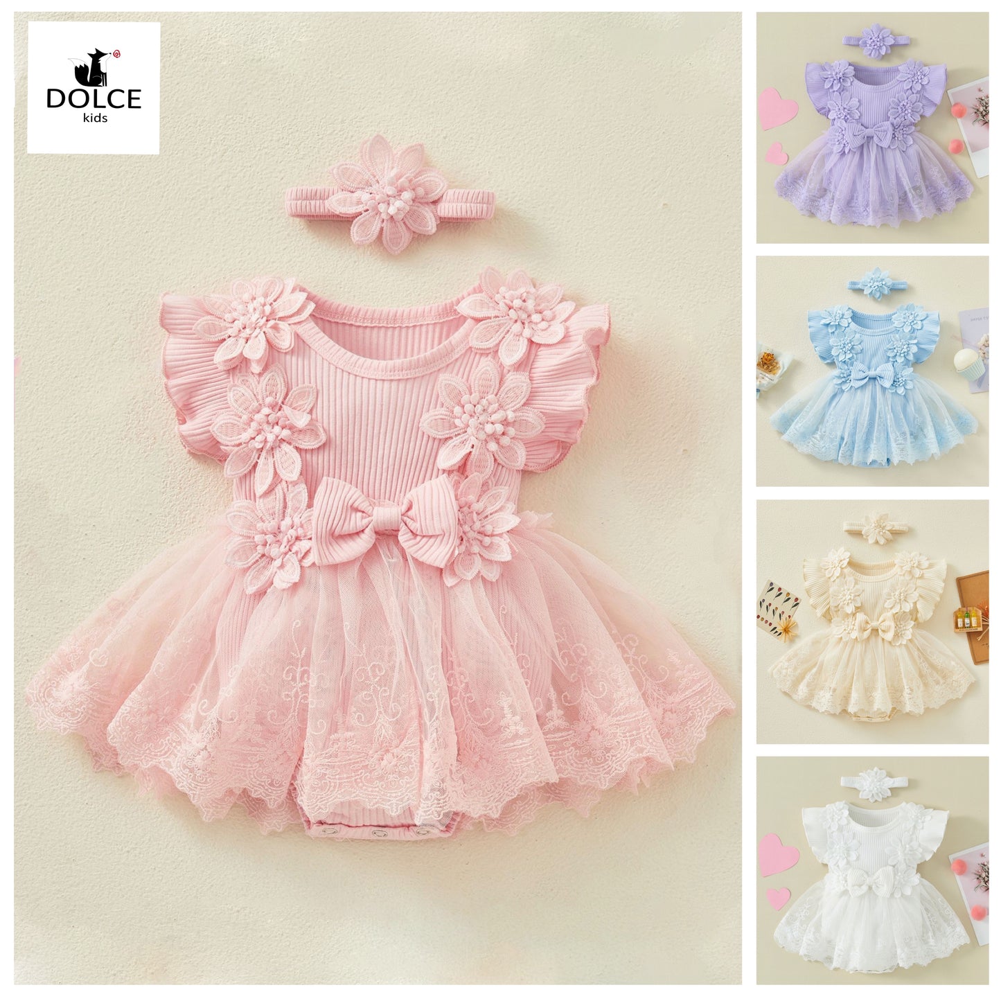 Baby Girl Lace Romper Dress flower and bow Boho + headband 4 color