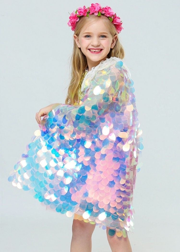 2 piece set Girls mermaid Cape Cloak Shiny Glitter Party Prop Kids Fancy cape + headband