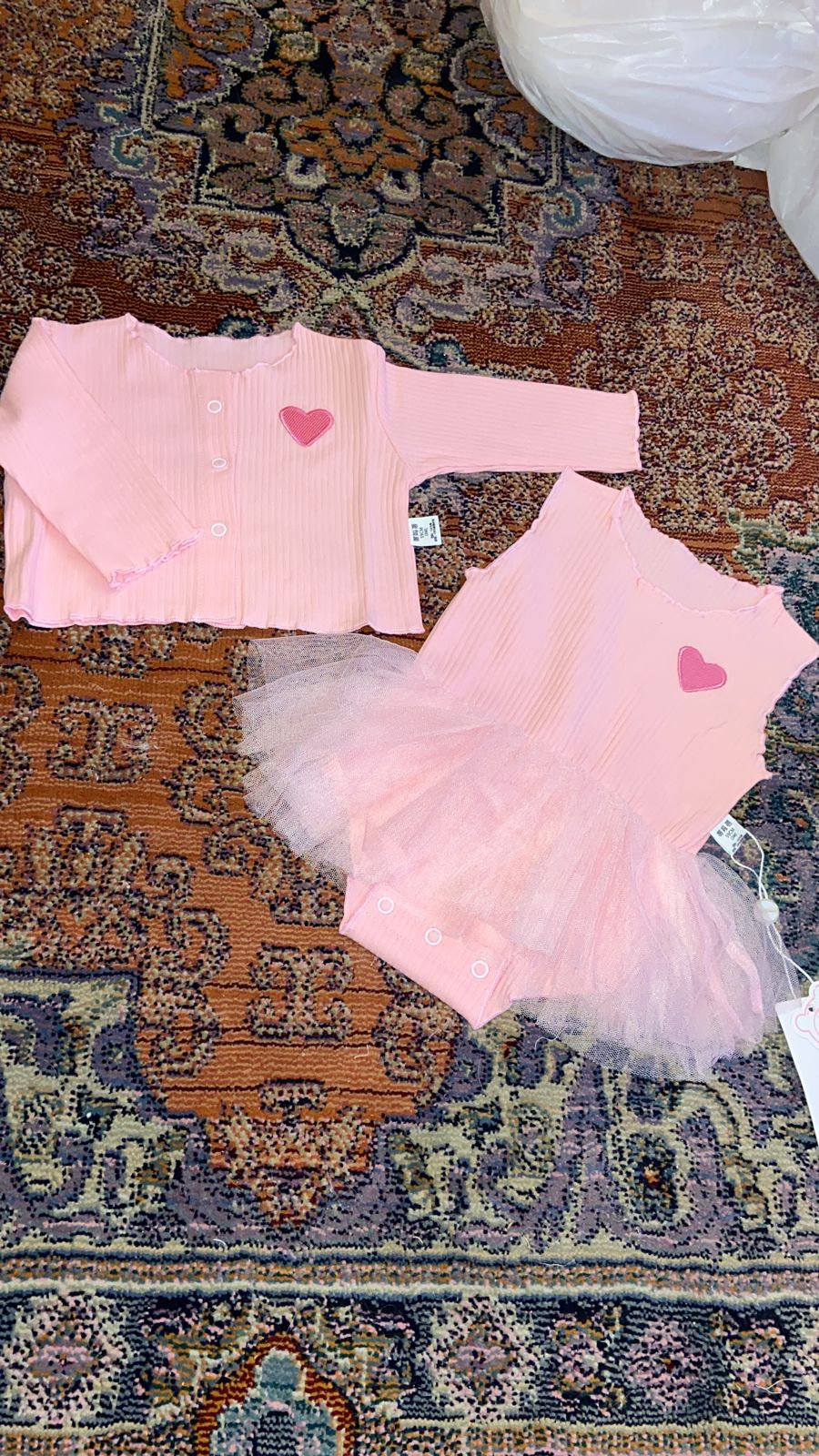 2 piece set 100% cotton knitted long sleeve  baby embroidered heart cardigan+tulle dress 3 colors