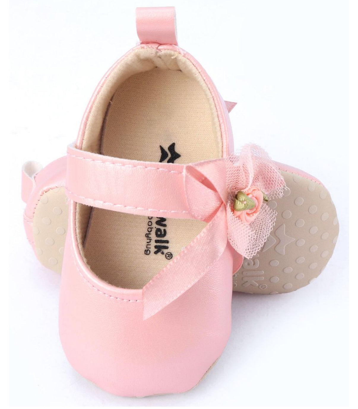 Baby leather shoes with flowers pink color soft sole