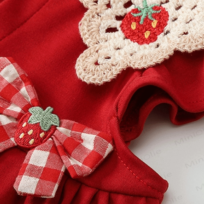Oversized collar dress with embroidered strawberry and 2 bows red color