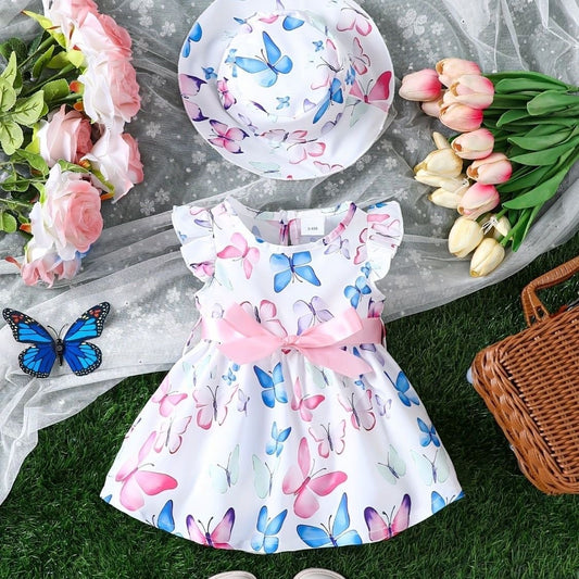 Set Cute dress with printed butterfly + hat