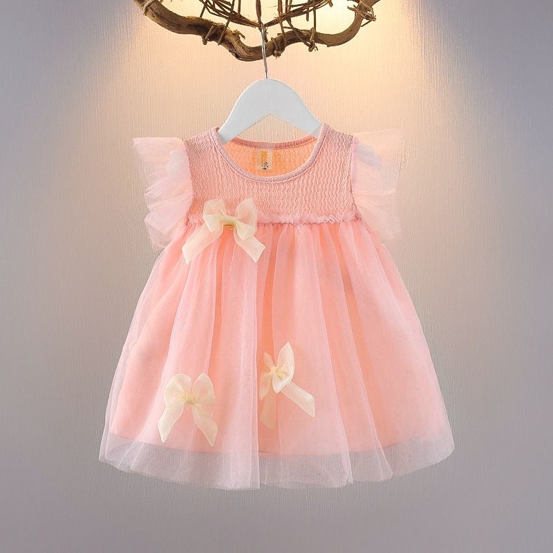 baby pink flying sleeve dress with beige bow knots