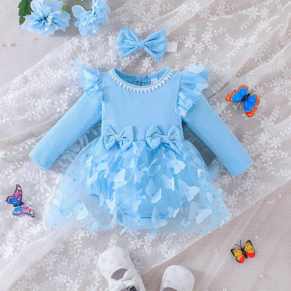 3D butterfly Baby long sleeve dress with headband