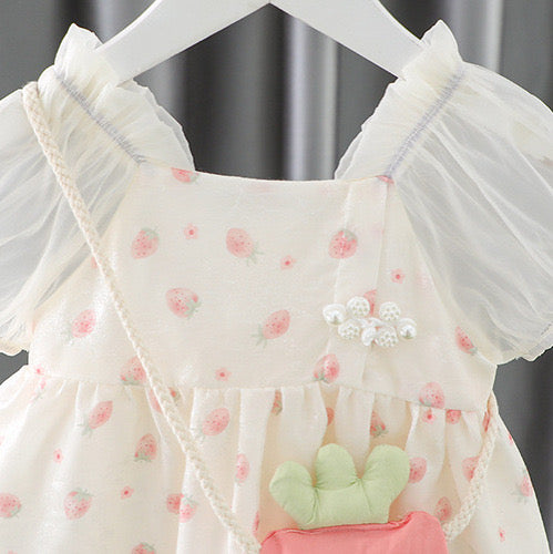 Girls cotton dress with tulle sleeves + strawberry bag