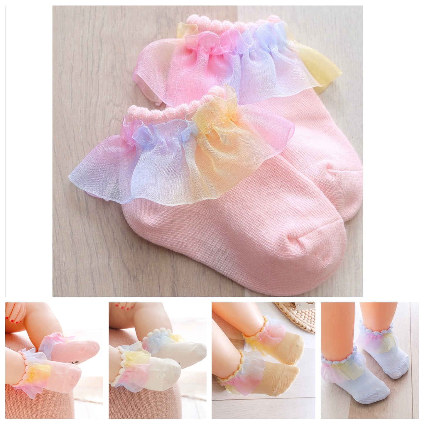 kids baby Socks with rainbow color tulle 4 color