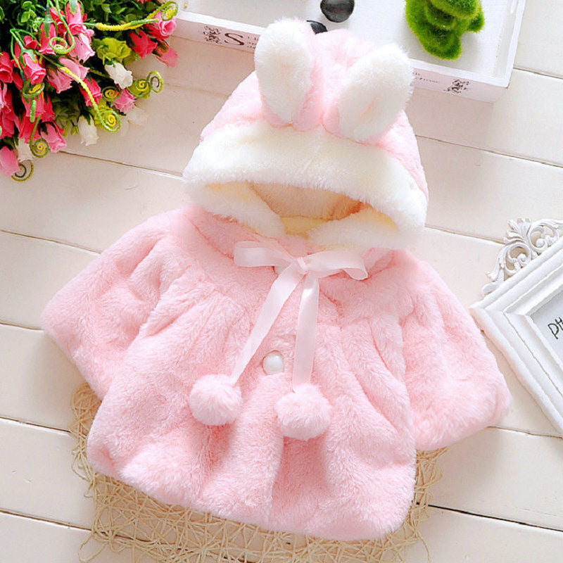 Baby fur long sleeve cape jacket hooded rabbit ears 3 color