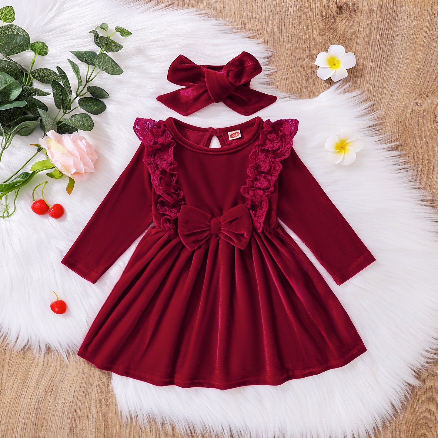 2 pcs velvet dress + headband red color