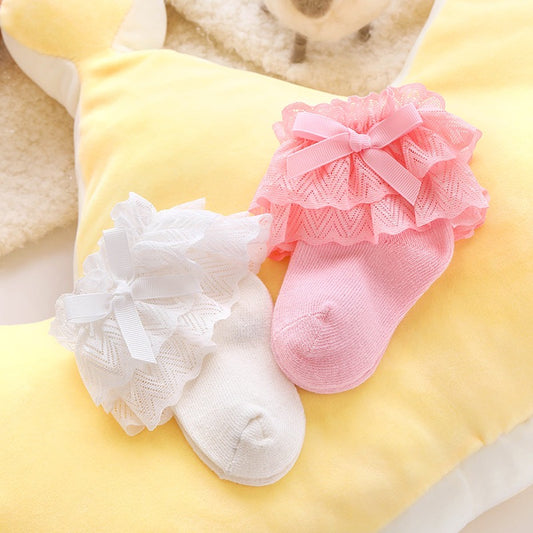 kids baby cotton Socks with multi layered lace and bow knot