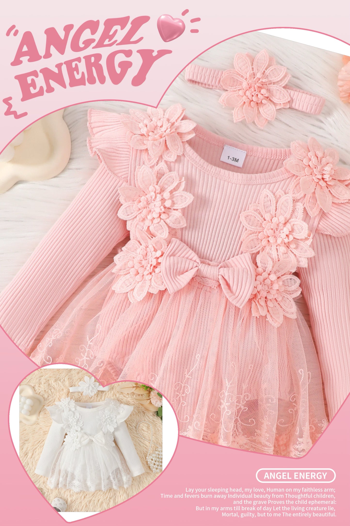 long sleeve romper dress with flowers + headband 2 color