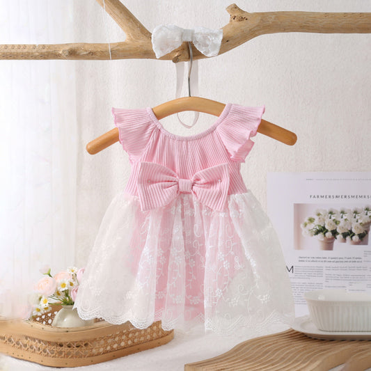 Baby Girl Lace Romper pink Dress with bow 100% cotton+ white headband