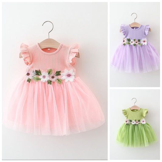 Flying sleeve girl dress with flowers 3 color