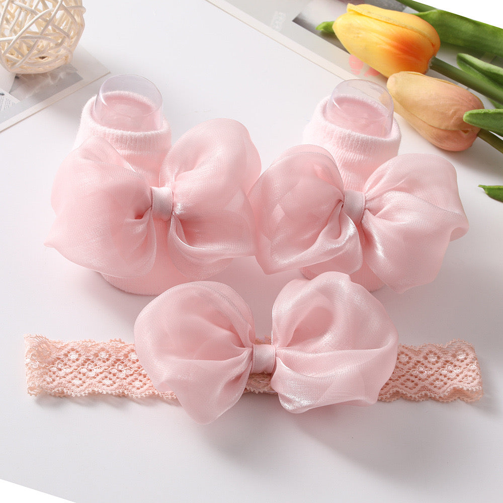 2 piece set Baby socks with satin bow knot and headband 2 color