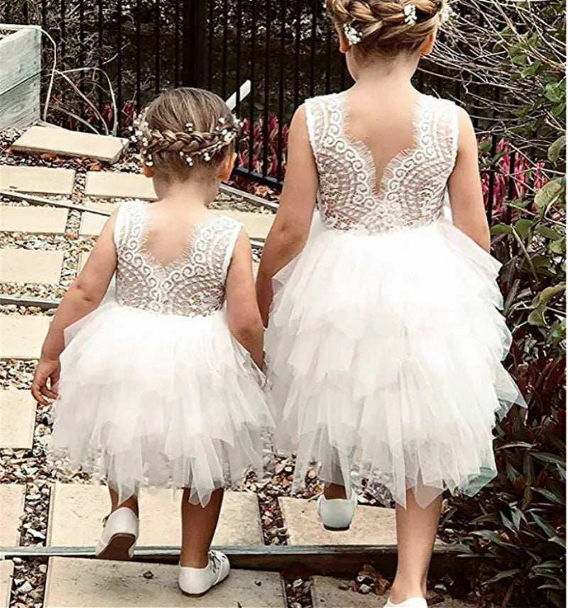 Kids sleeveless princess dress tutu skirt hollow lace sleeve