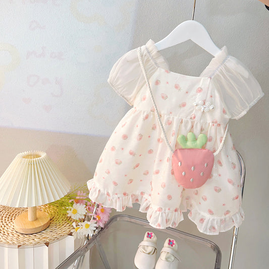 Girls cotton dress with tulle sleeves + strawberry bag