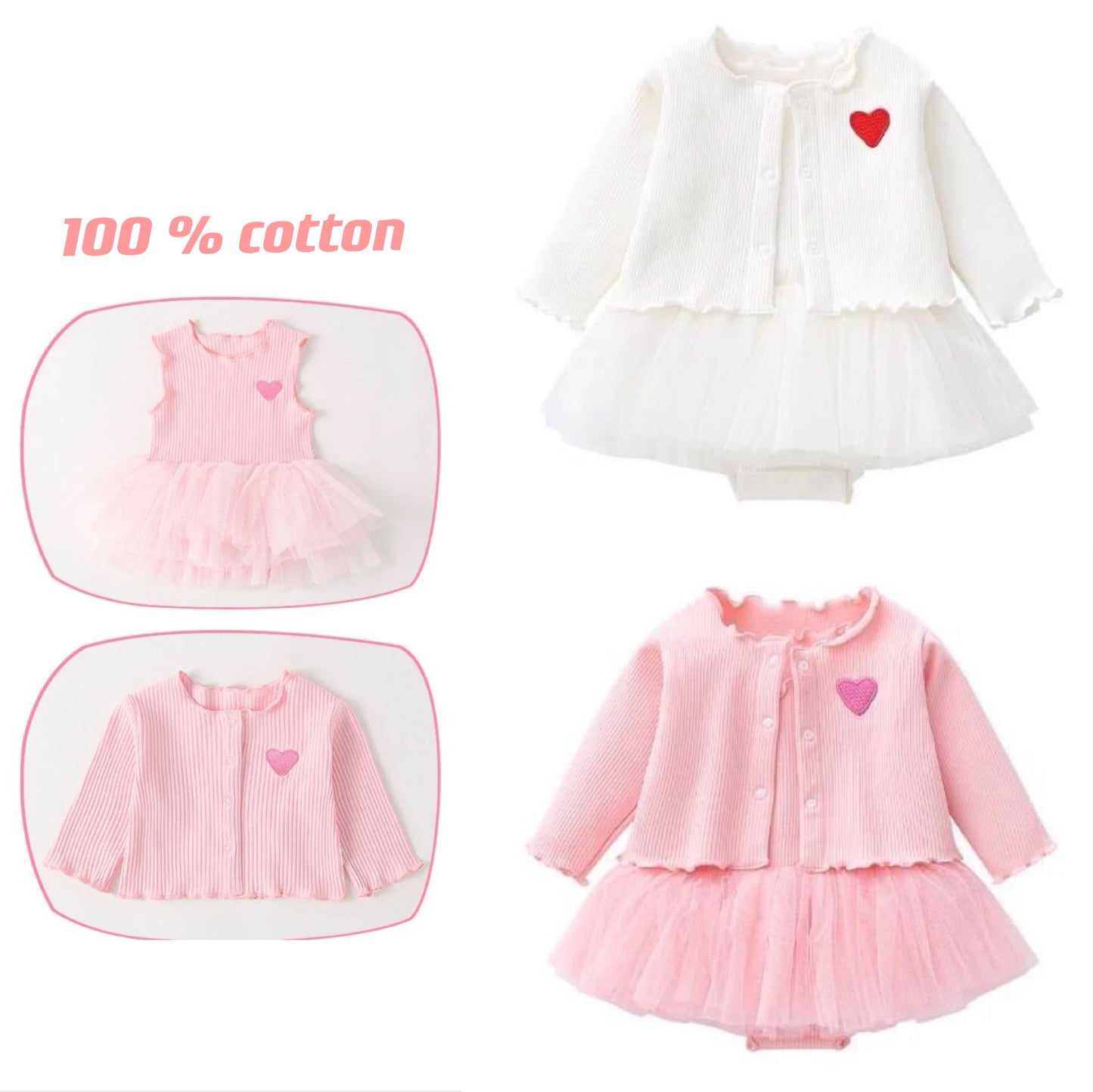 2 piece set 100% cotton knitted long sleeve  baby embroidered heart cardigan+tulle dress 3 colors