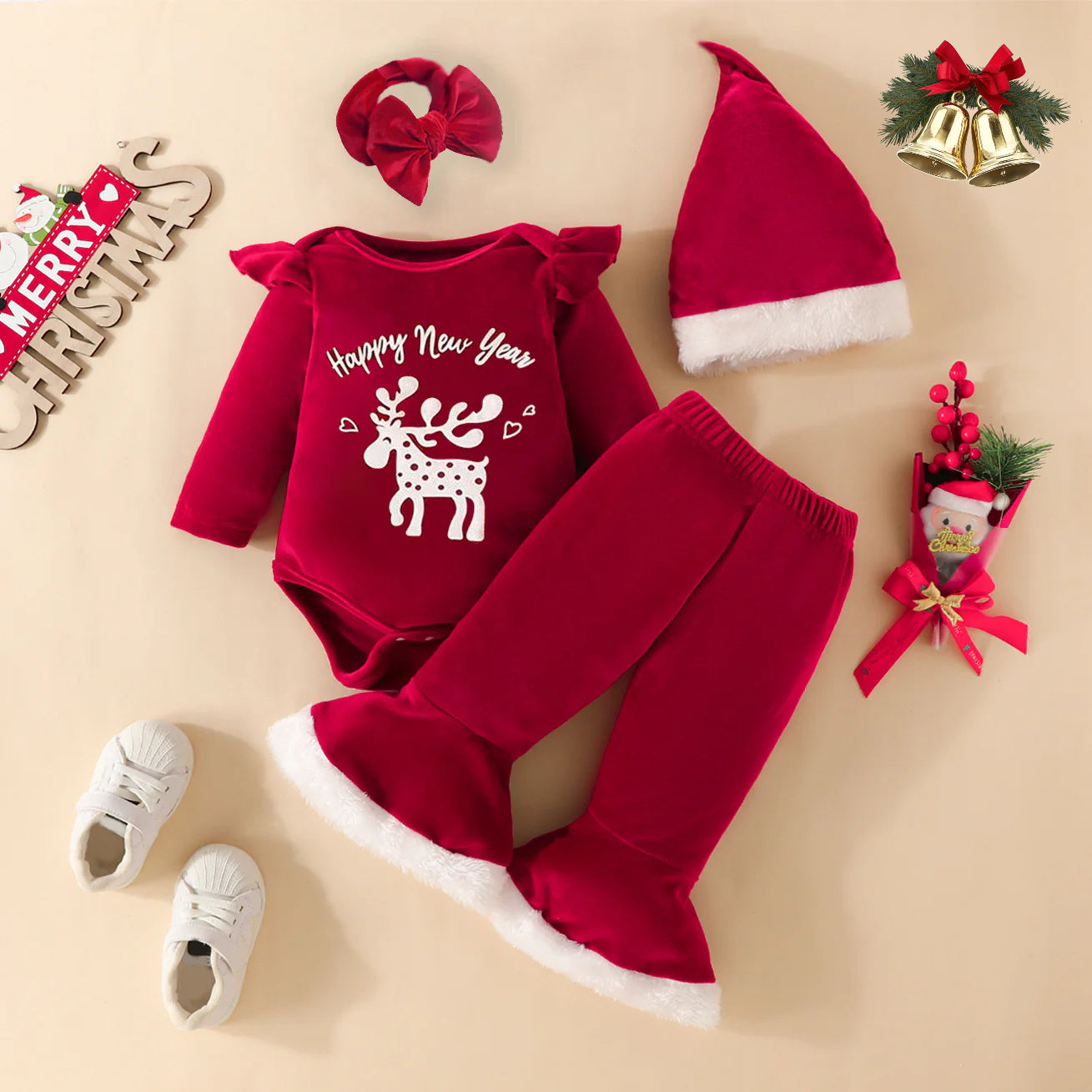 4 pcs set Baby Christmas happy new year Letter Print Plush Long Sleeve romper + pants+headband+hat