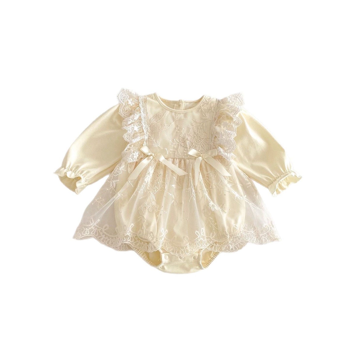 Long sleeve baby beige  romper dress with 2 bows