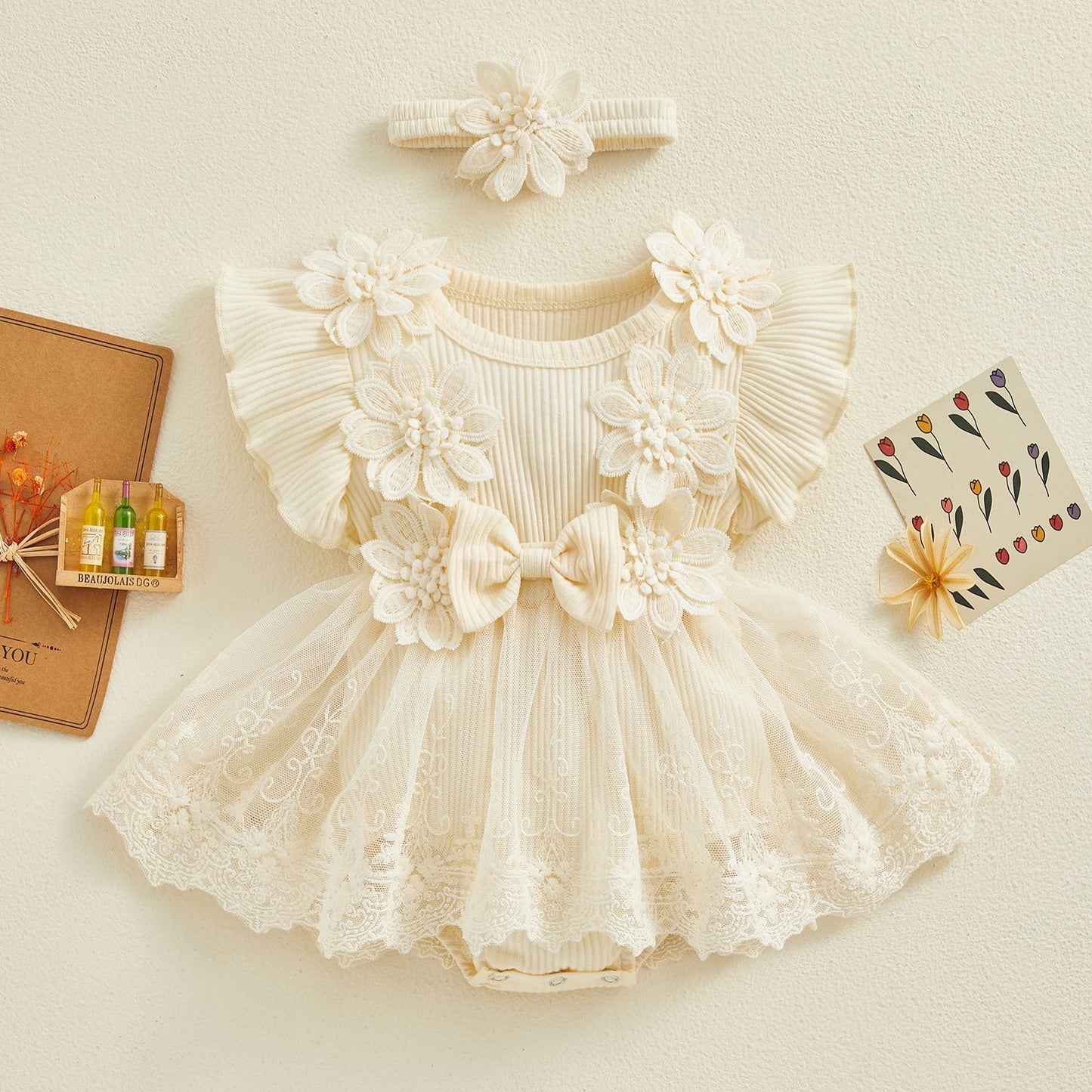 Baby Girl Lace Romper Dress flower and bow Boho + headband 4 color