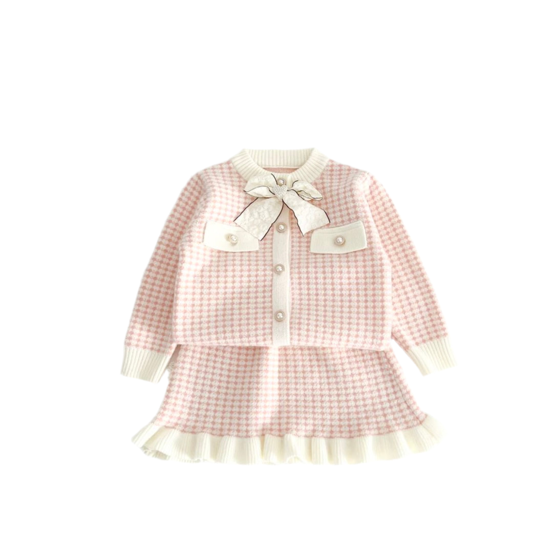 2 piece Girls long sleeve knitted jacket + skirt and removable bow knot