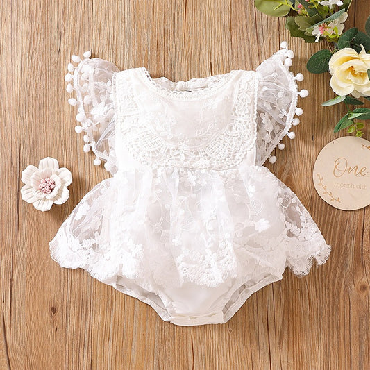 Baby lace backless romper dress with pompom