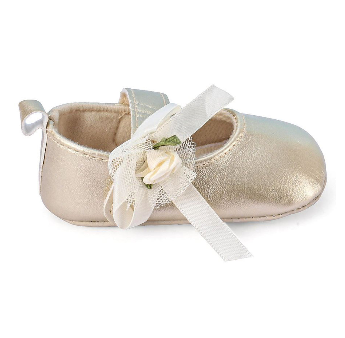 Baby leather shoes with flowers golden color soft sole